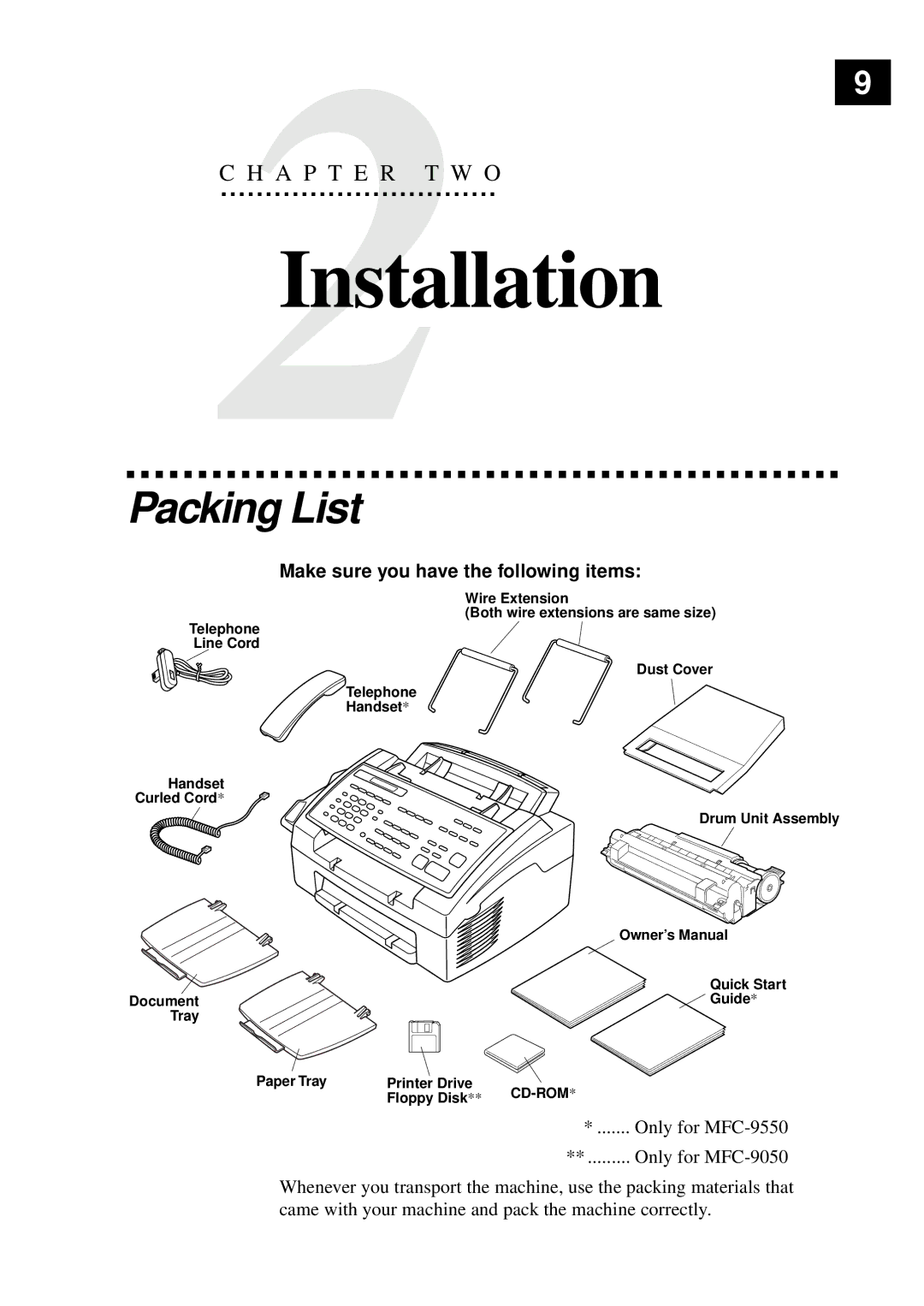 Brother manual Installation, Packing List, Only for MFC-9550, Only for MFC-9050 