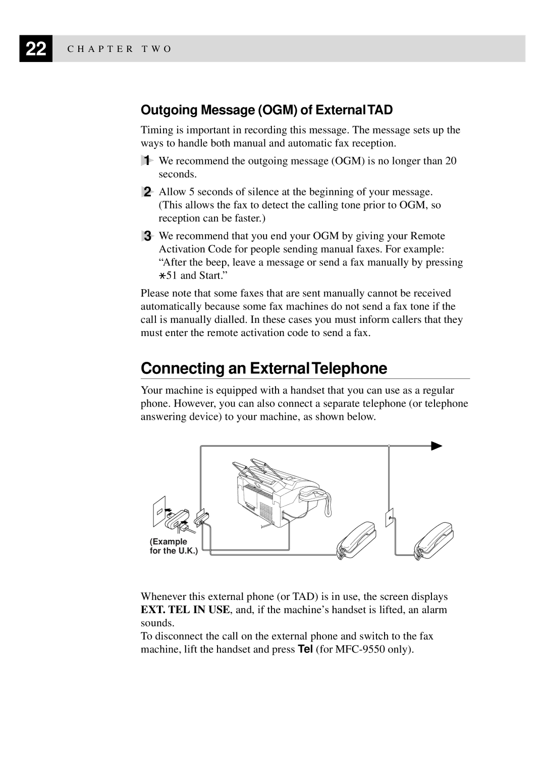 Brother MFC-9550 manual Connecting an External Telephone, Outgoing Message OGM of External TAD 