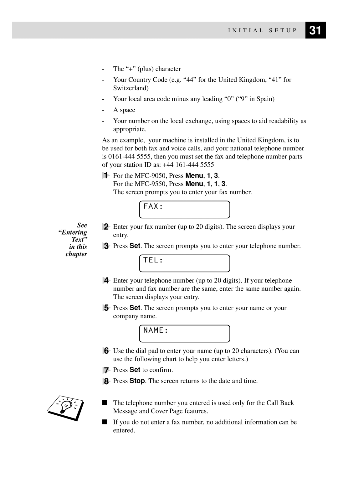 Brother MFC-9550 manual Fax, Tel, Name 