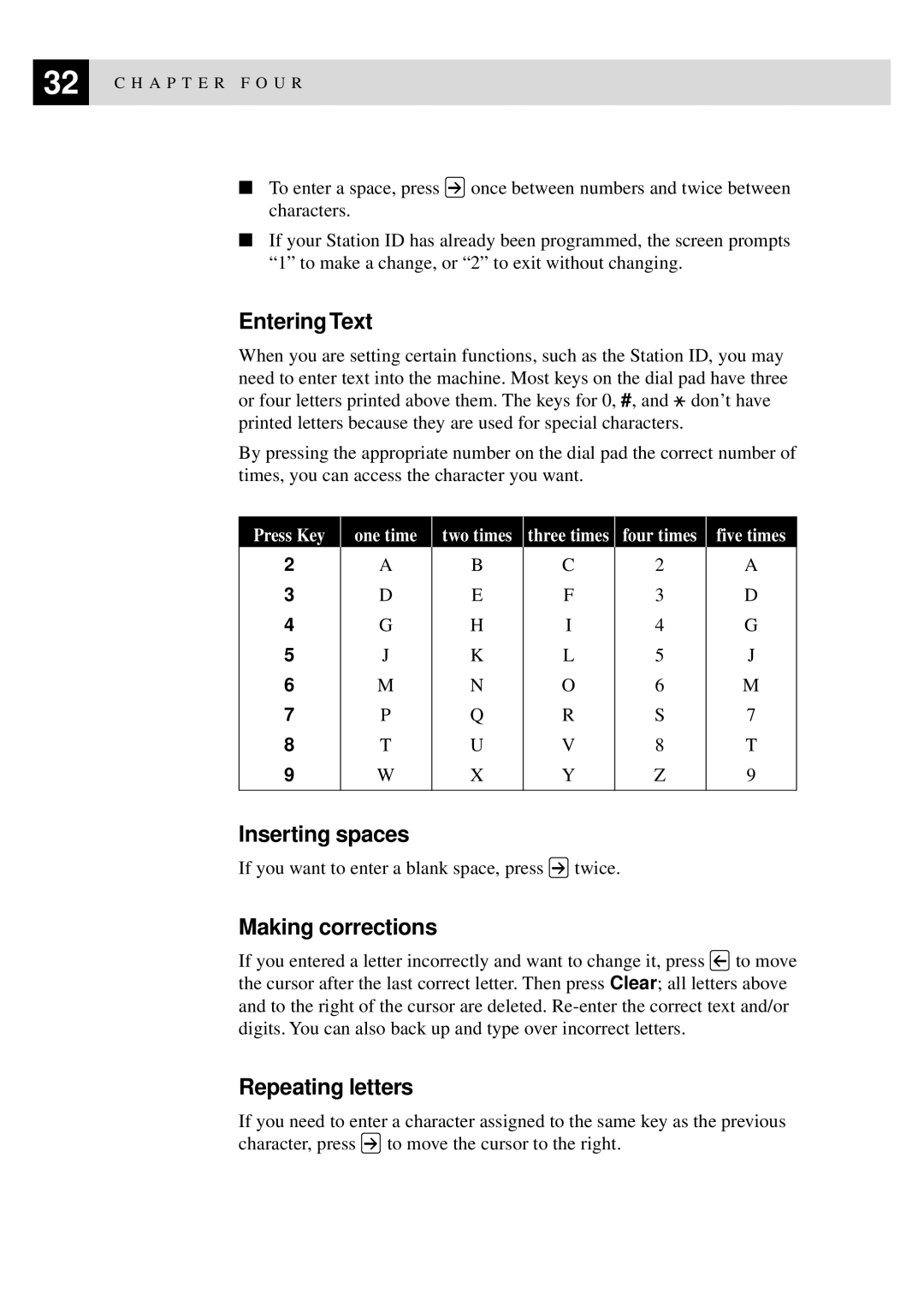 Brother MFC-9550 manual Entering Text, Inserting spaces, Making corrections, Repeating letters 