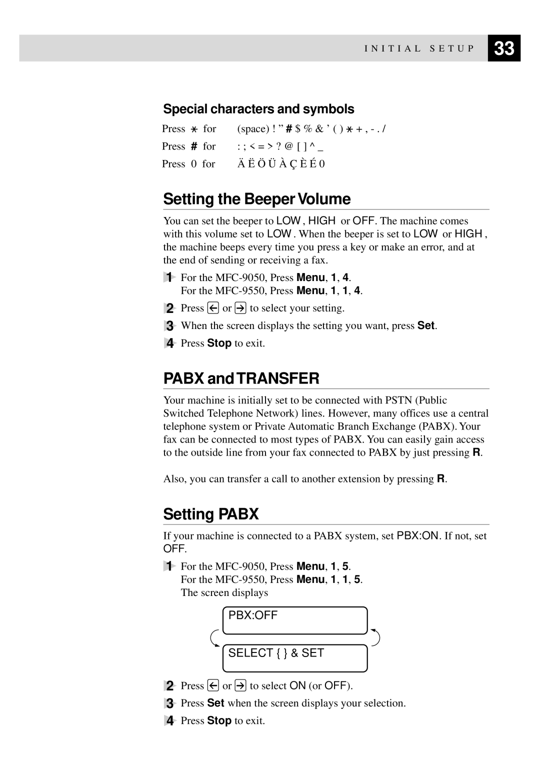 Brother MFC-9550 manual Setting the Beeper Volume, Pabx and Transfer, Setting Pabx, Special characters and symbols 