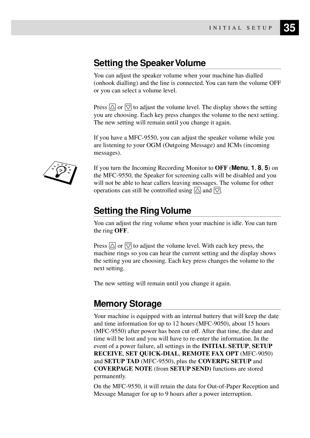 Brother MFC-9550 manual Setting the Speaker Volume, Setting the Ring Volume, Memory Storage 