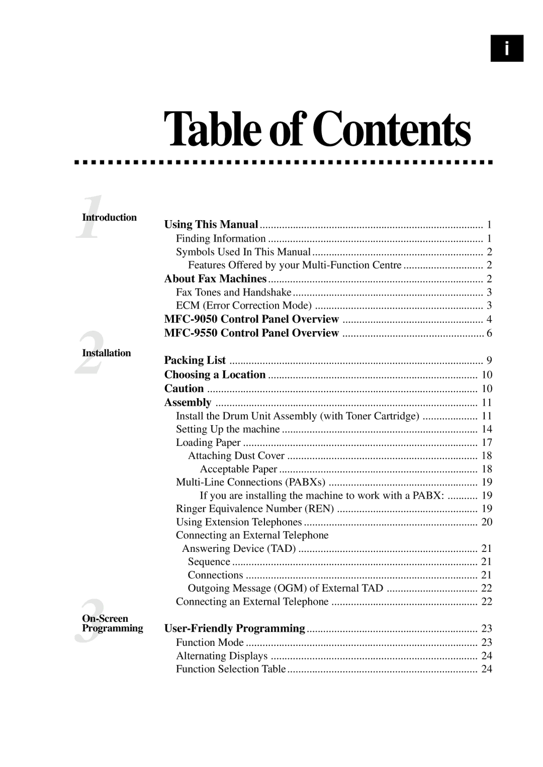 Brother MFC-9550 manual Table of Contents 