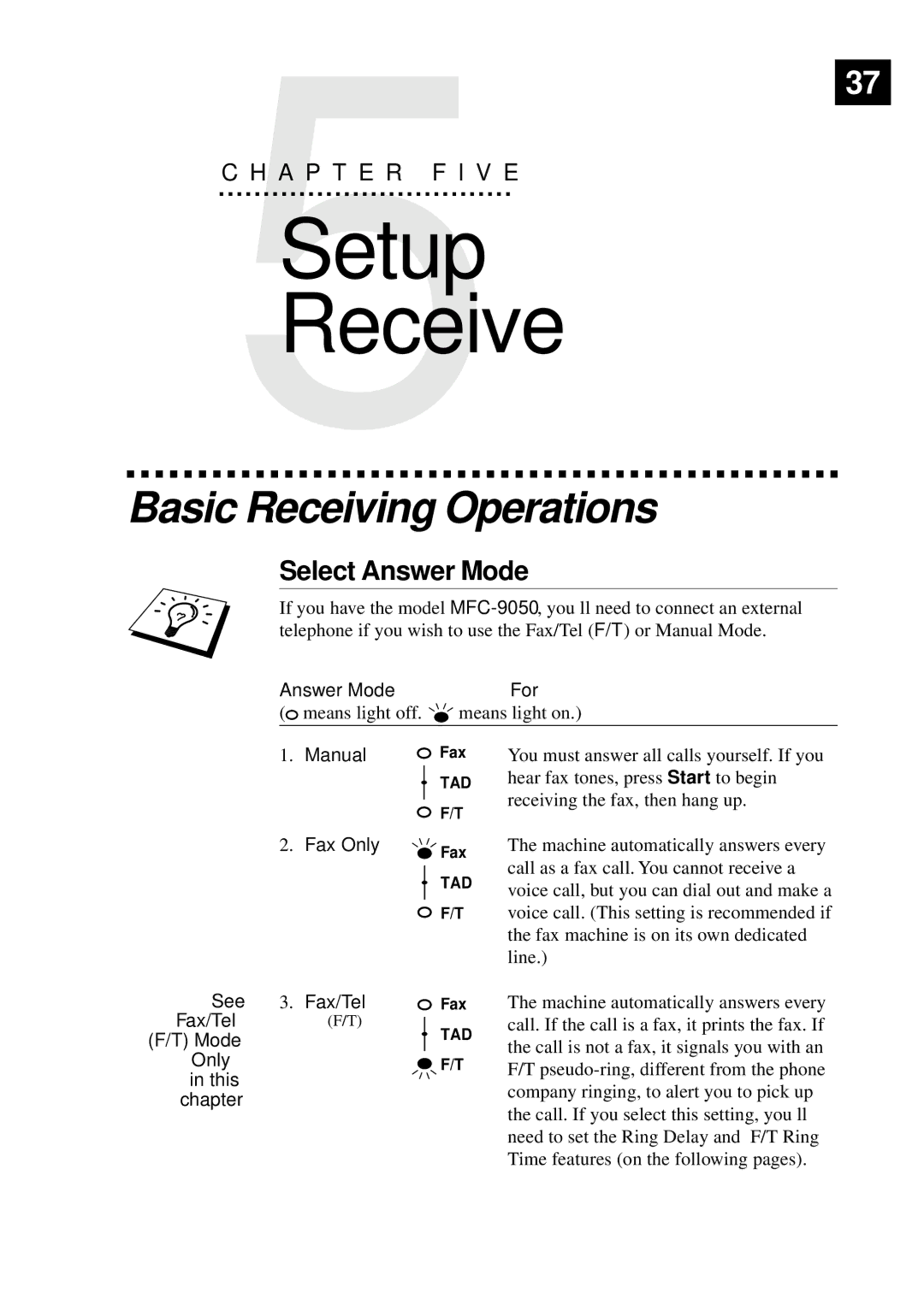 Brother MFC-9550 manual Setup Receive, Basic Receiving Operations, Select Answer Mode 