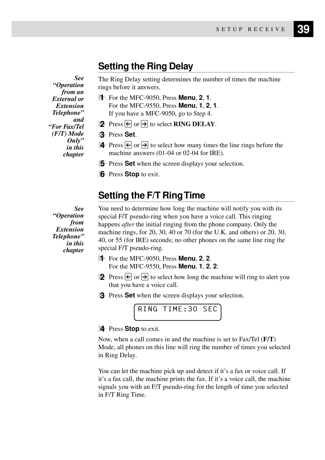 Brother MFC-9550 manual Setting the Ring Delay, Setting the F/T Ring Time, Ring TIME30 SEC 