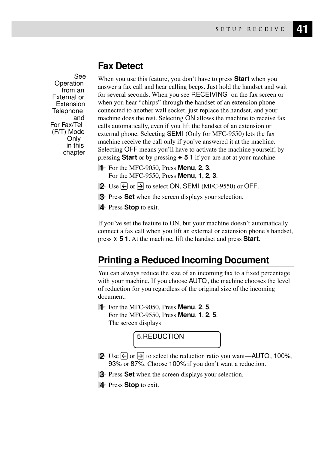 Brother MFC-9550 manual Fax Detect, Printing a Reduced Incoming Document, Reduction 