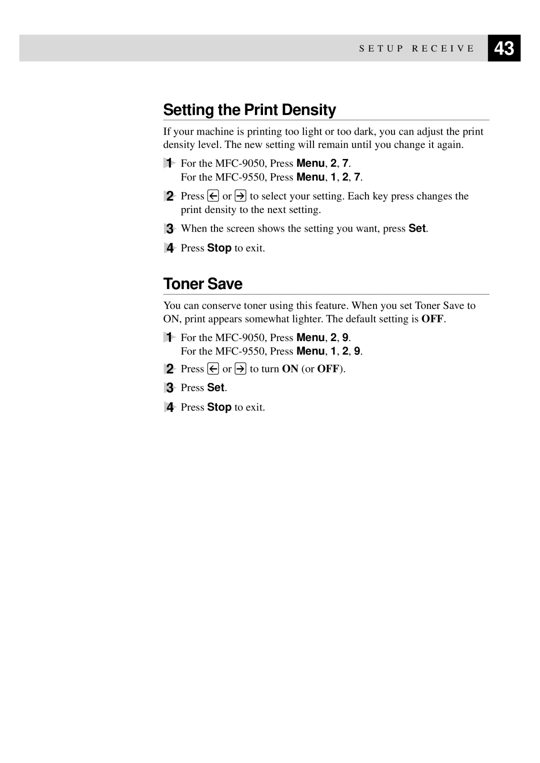 Brother MFC-9550 manual Setting the Print Density, Toner Save 