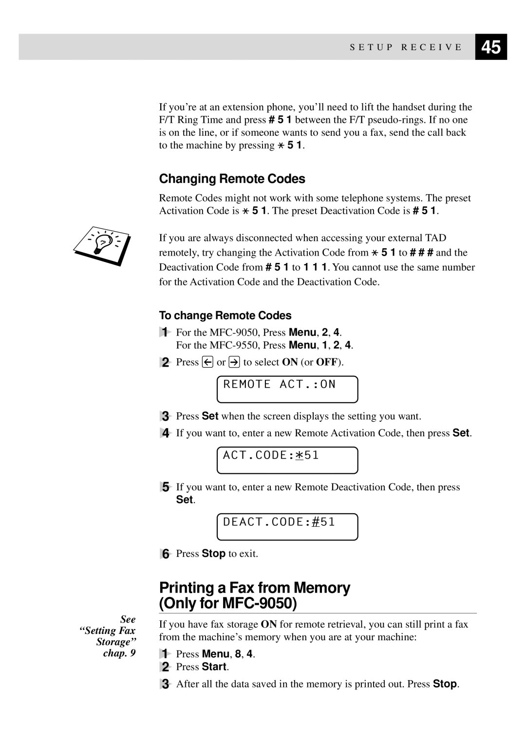 Brother MFC-9550 manual Changing Remote Codes, Remote ACT.ON, ACT.CODE*51, DEACT.CODE#51 