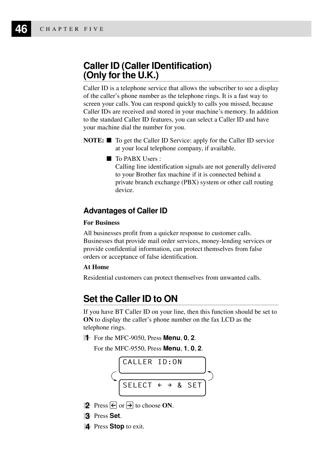 Brother MFC-9550 manual Set the Caller ID to on, Advantages of Caller ID, Caller Idon Select & SET, For Business, At Home 