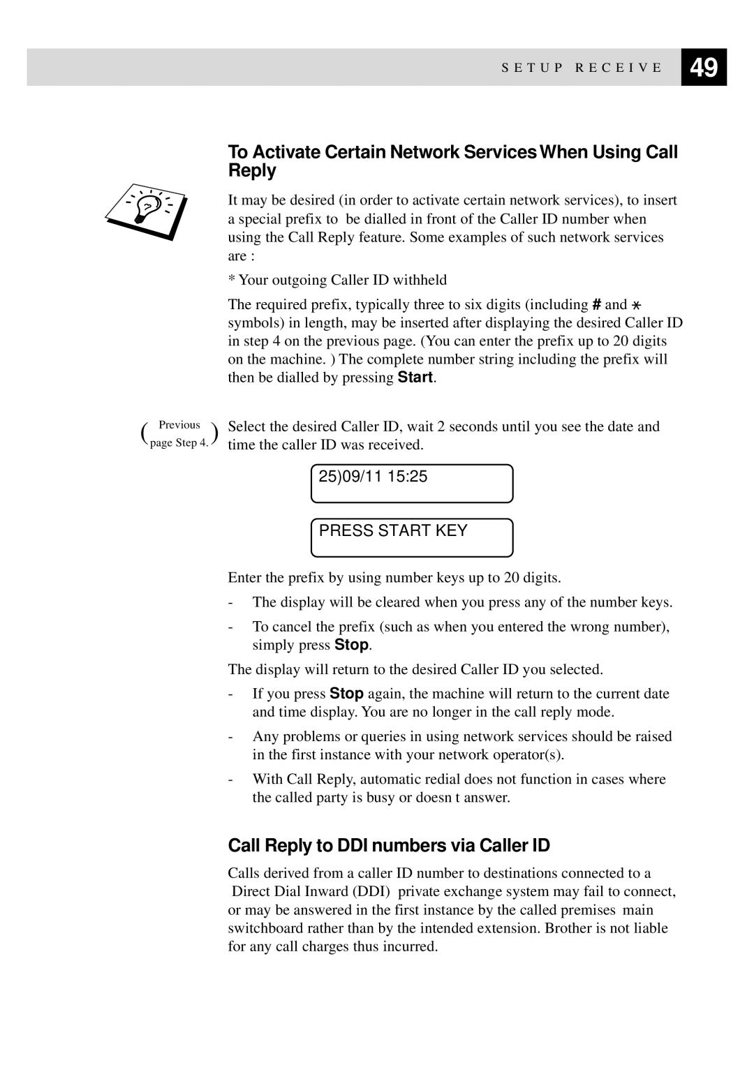 Brother MFC-9550 manual To Activate Certain Network Services When Using Call Reply, Call Reply to DDI numbers via Caller ID 