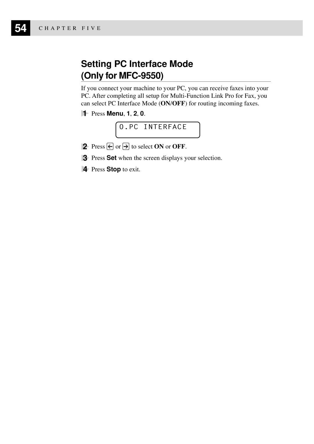 Brother manual Setting PC Interface Mode Only for MFC-9550 