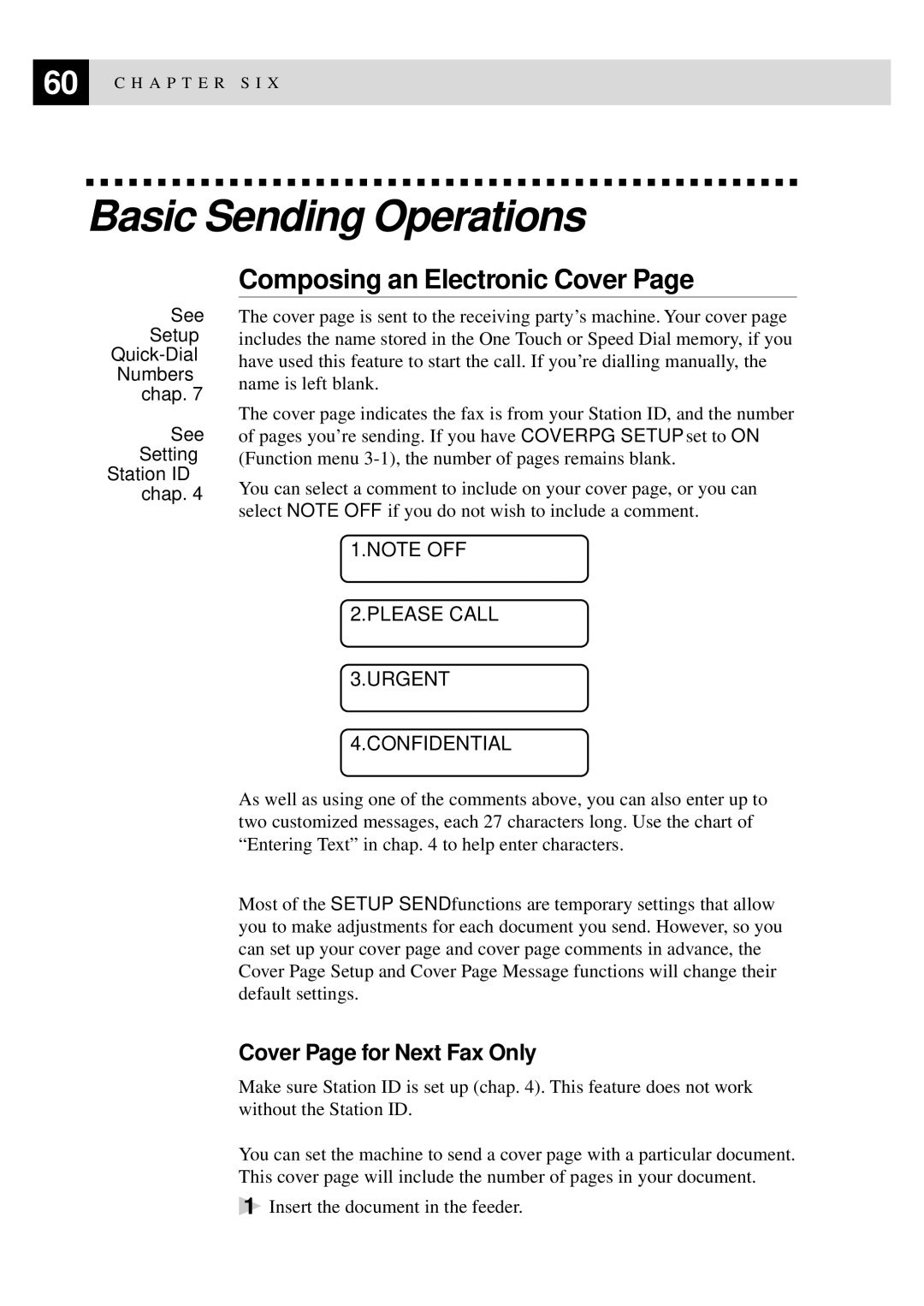 Brother MFC-9550 manual Basic Sending Operations, Composing an Electronic Cover, Cover Page for Next Fax Only 