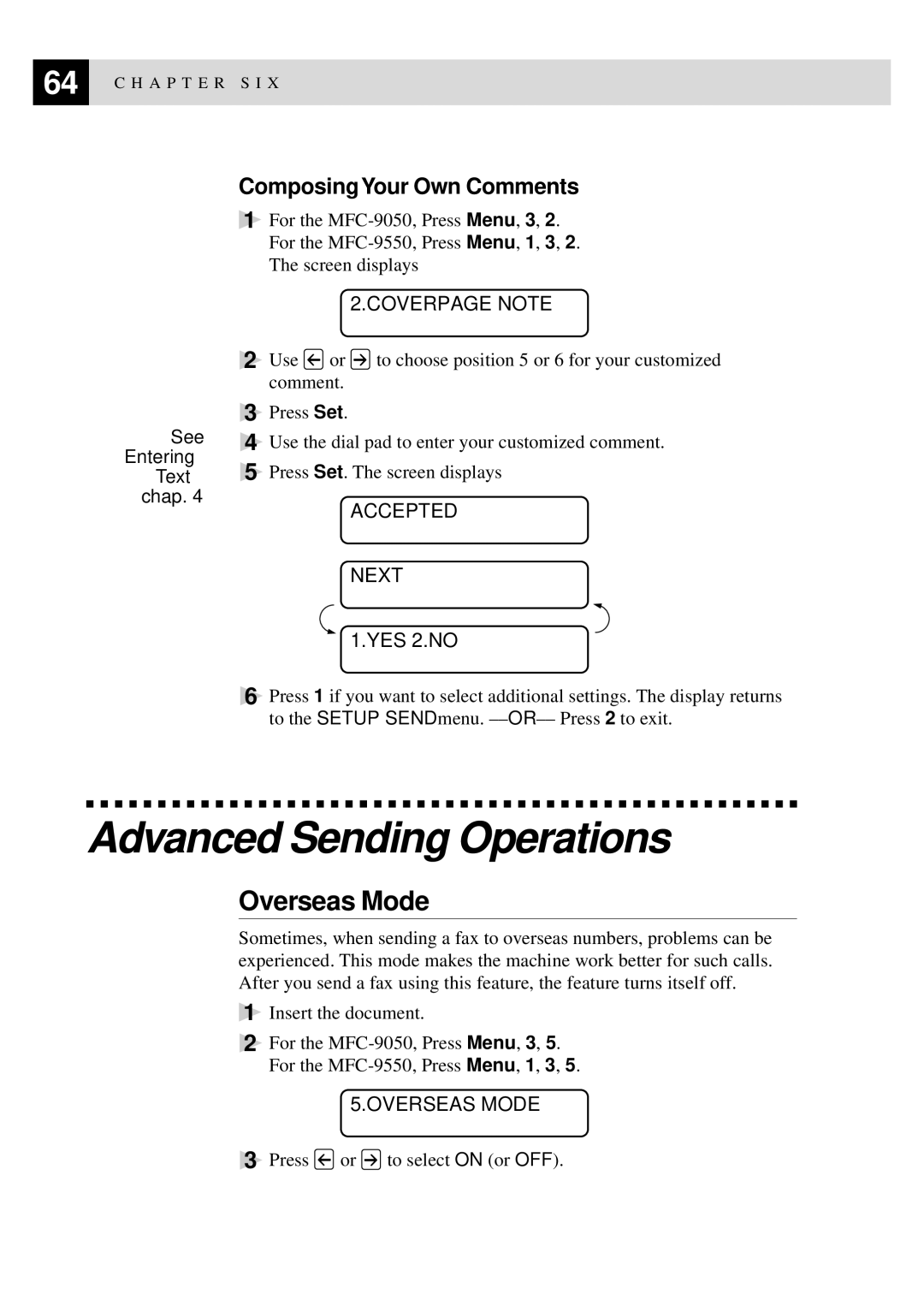 Brother MFC-9550 manual Advanced Sending Operations, Overseas Mode, ComposingYour Own Comments 