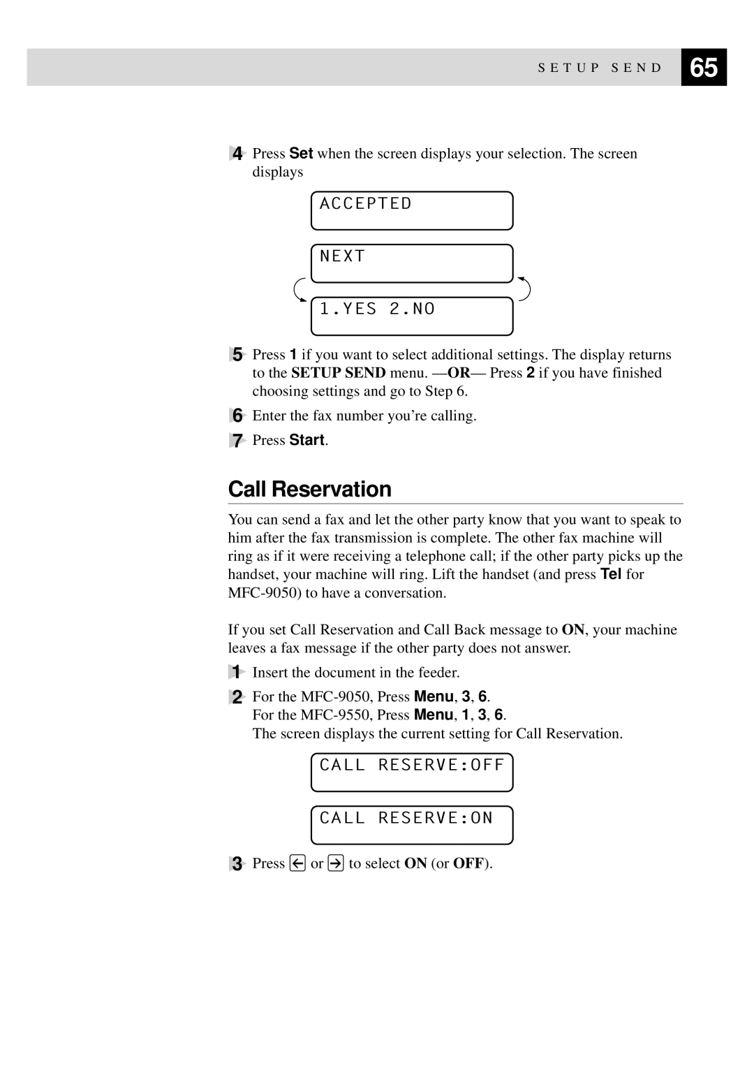 Brother MFC-9550 manual Call Reservation, Call Reserveoff Call Reserveon 