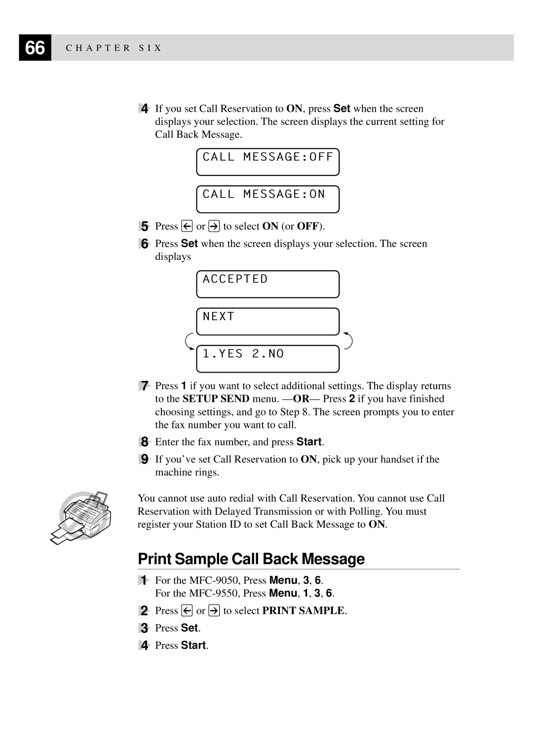 Brother MFC-9550 manual Print Sample Call Back Message, Call Messageoff Call Messageon 