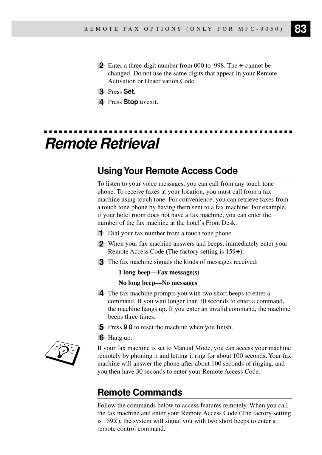 Brother MFC-9550 manual Remote Retrieval, Using Your Remote Access Code, Remote Commands 