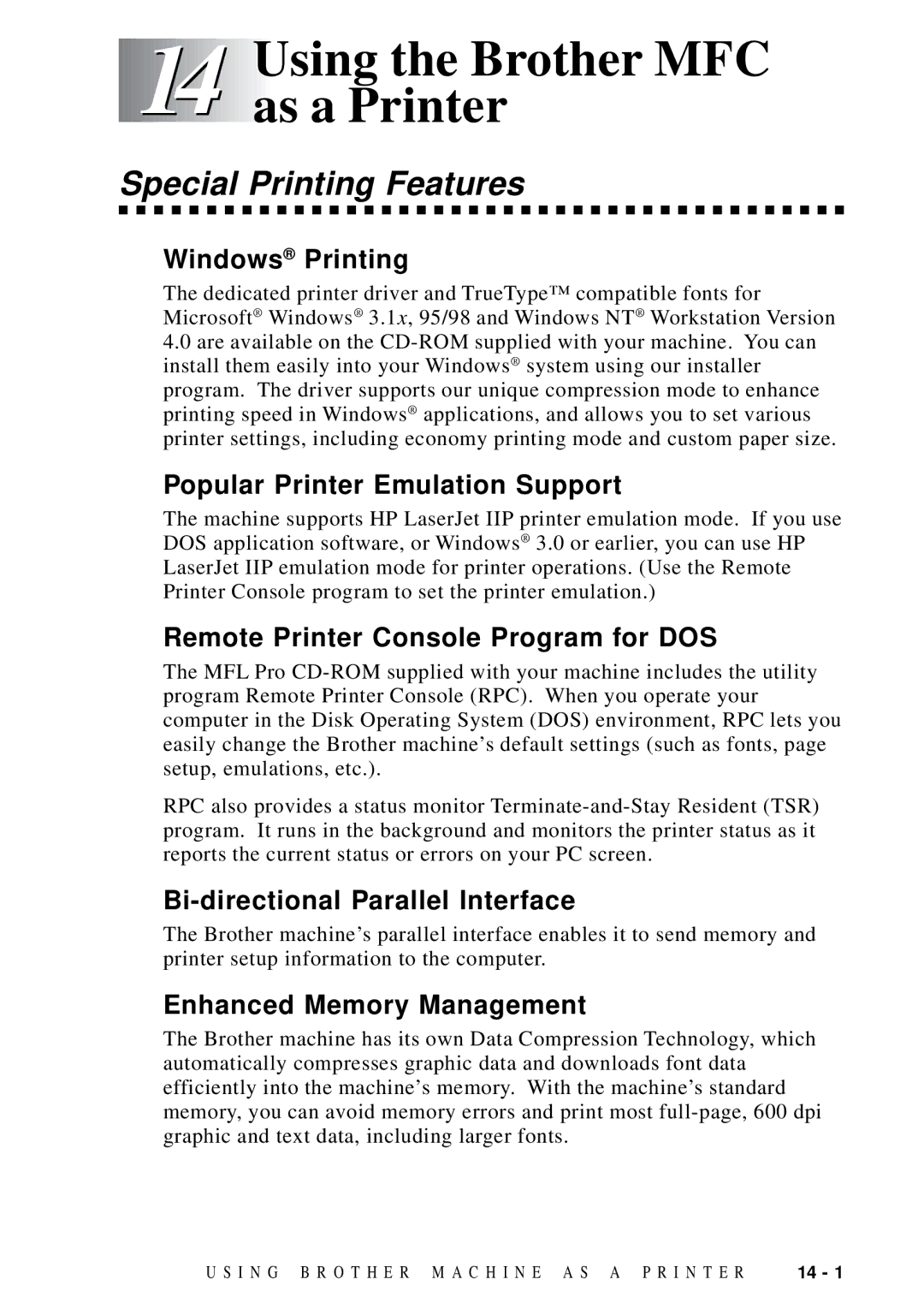 Brother MFC 9600 owner manual Using the Brother MFC as a Printer, Special Printing Features 