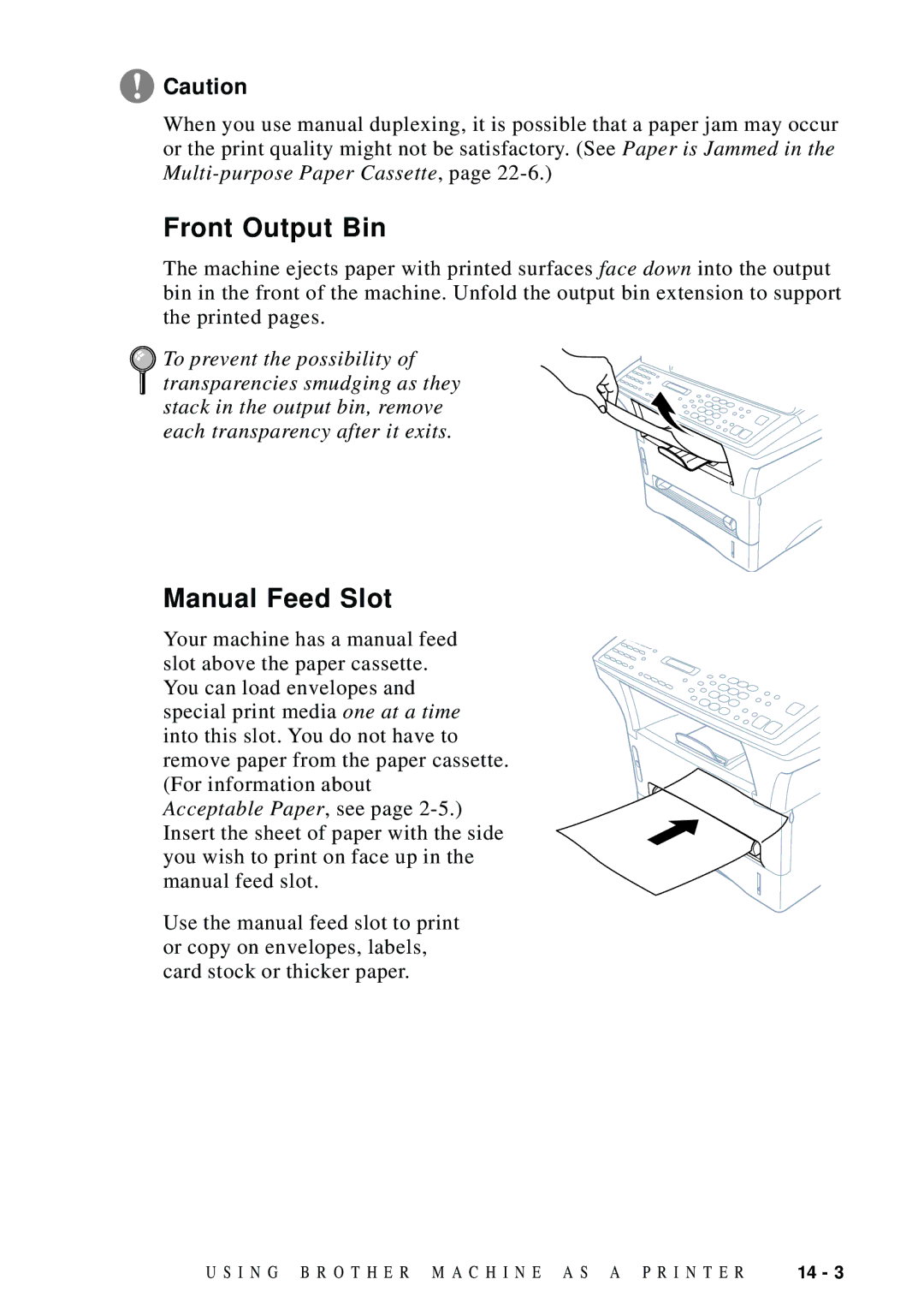 Brother MFC 9600 owner manual Front Output Bin, Manual Feed Slot 