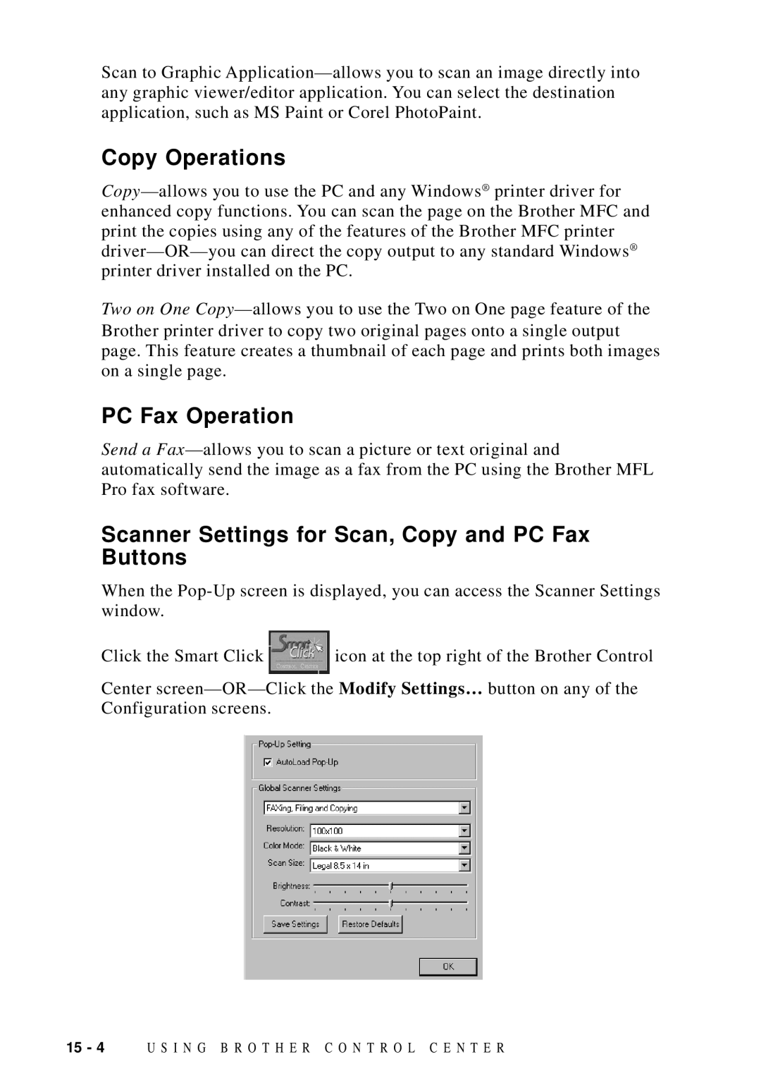 Brother MFC 9600 owner manual Copy Operations, PC Fax Operation, Scanner Settings for Scan, Copy and PC Fax Buttons 