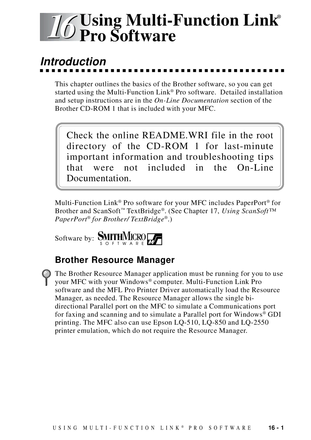 Brother MFC 9600 owner manual Using Multi-Function Link Pro Software, Introduction, Brother Resource Manager 