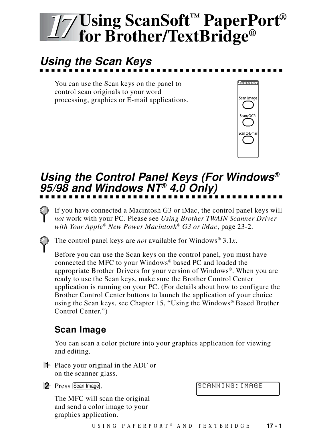Brother MFC 9600 17Using ScanSoft PaperPort for Brother/TextBridge, Using the Scan Keys, Scan Image, Scanningimage 