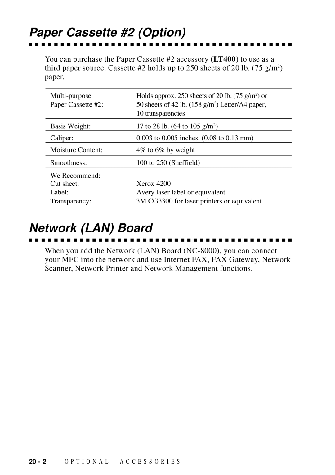 Brother MFC 9600 owner manual Paper Cassette #2 Option, Network LAN Board 