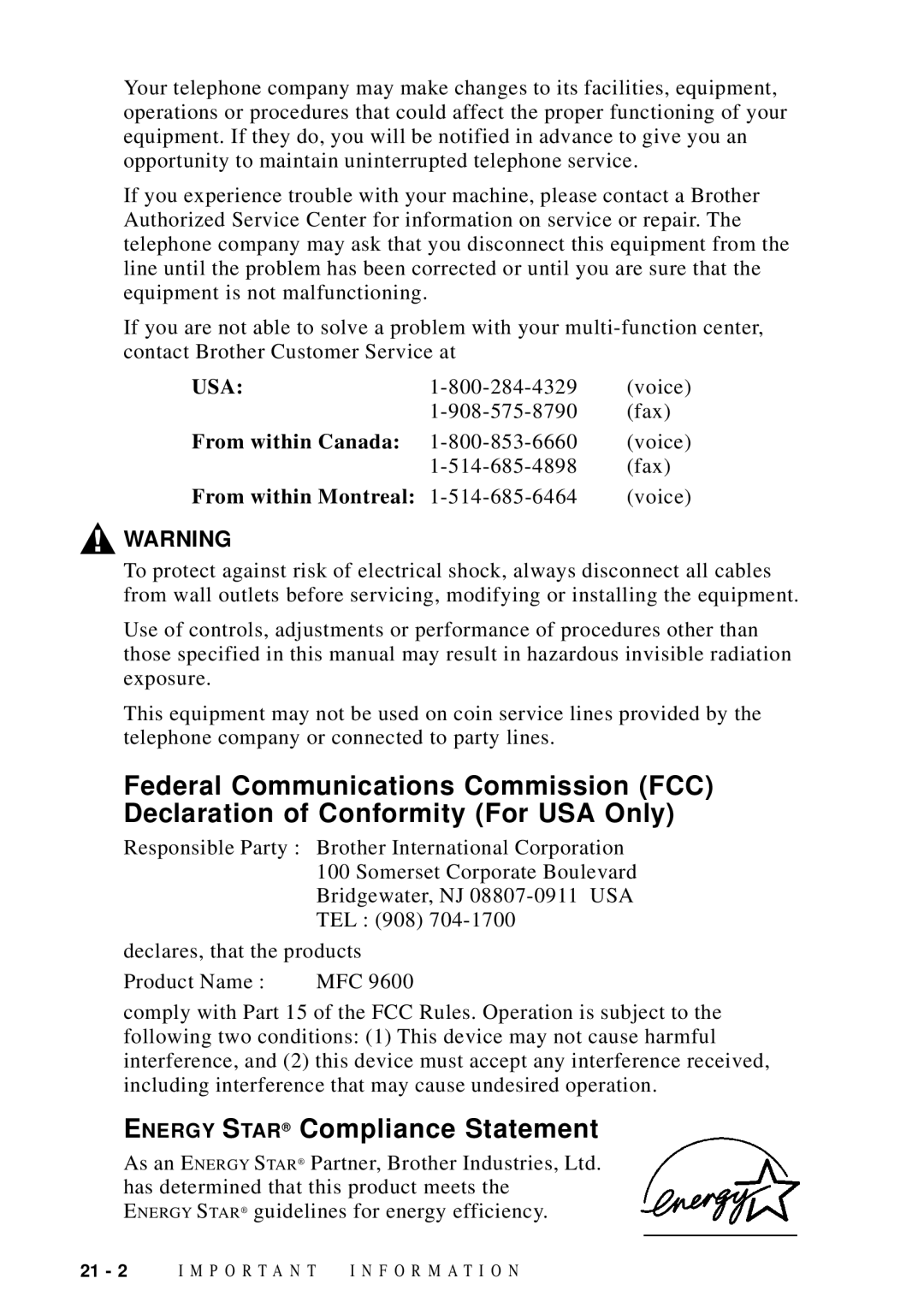 Brother MFC 9600 owner manual Energy Star Compliance Statement, From within Canada 