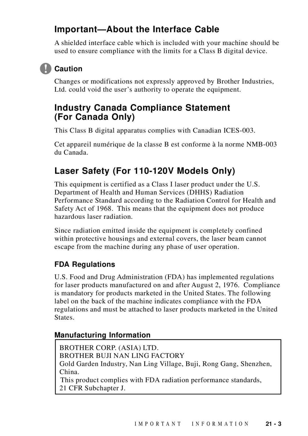 Brother MFC 9600 owner manual Important-About the Interface Cable, Industry Canada Compliance Statement For Canada Only 