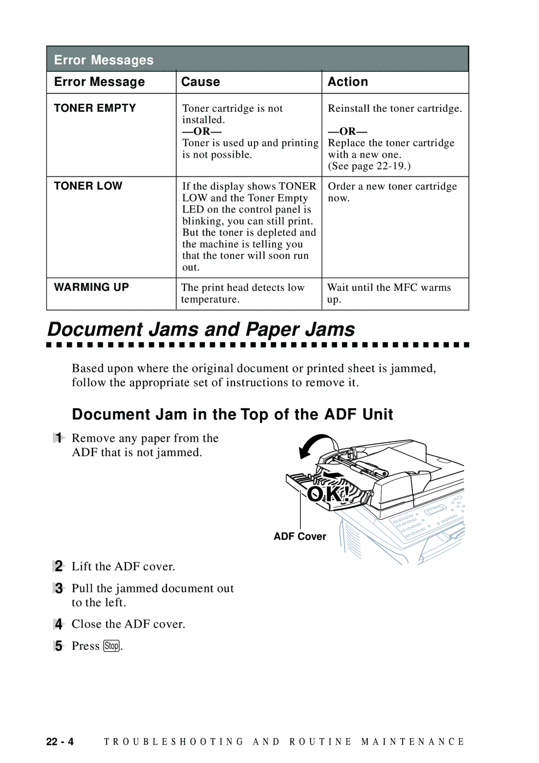 Brother MFC 9600 owner manual Document Jams and Paper Jams, Document Jam in the Top of the ADF Unit 