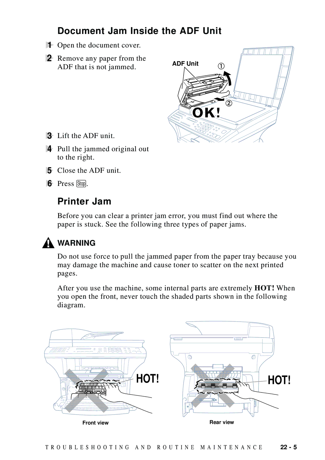 Brother MFC 9600 owner manual Document Jam Inside the ADF Unit, Printer Jam 