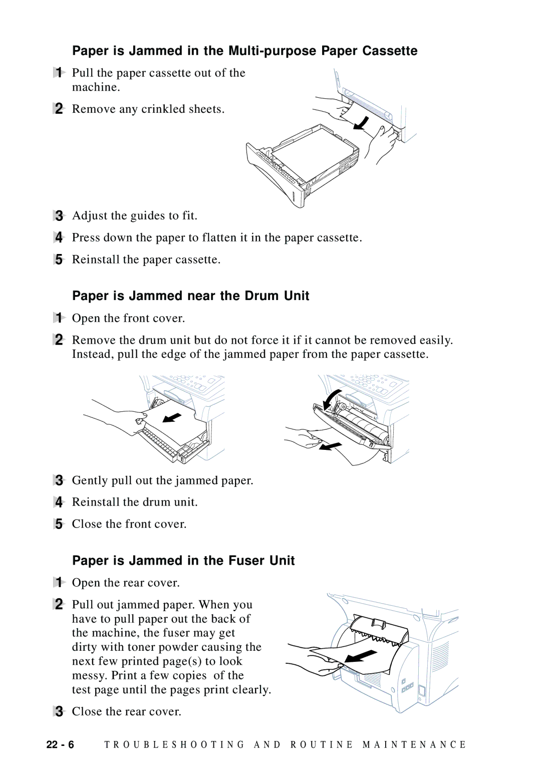 Brother MFC 9600 owner manual Paper is Jammed in the Multi-purpose Paper Cassette, Paper is Jammed near the Drum Unit 