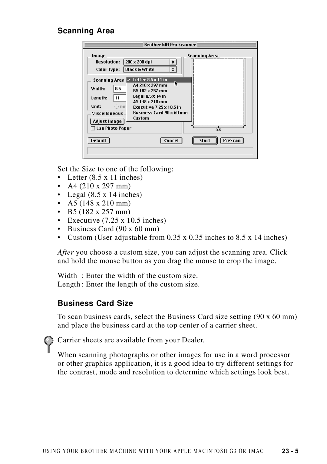 Brother MFC 9600 owner manual Scanning Area, Business Card Size 