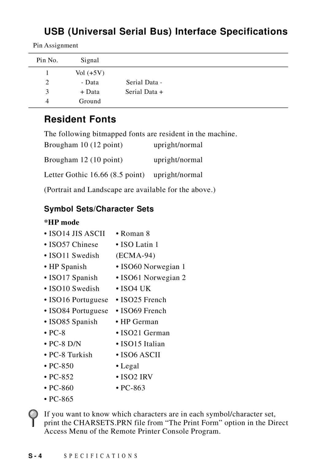 Brother MFC 9600 USB Universal Serial Bus Interface Specifications, Resident Fonts, Symbol Sets/Character Sets, HP mode 