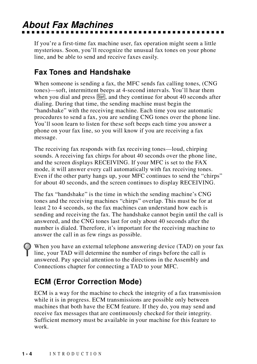 Brother MFC 9600 owner manual About Fax Machines, Fax Tones and Handshake, ECM Error Correction Mode 