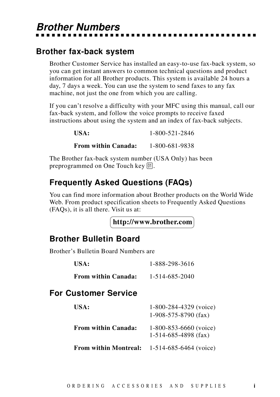 Brother MFC 9600 Brother Numbers, Brother fax-back system, Frequently Asked Questions FAQs, Brother Bulletin Board 