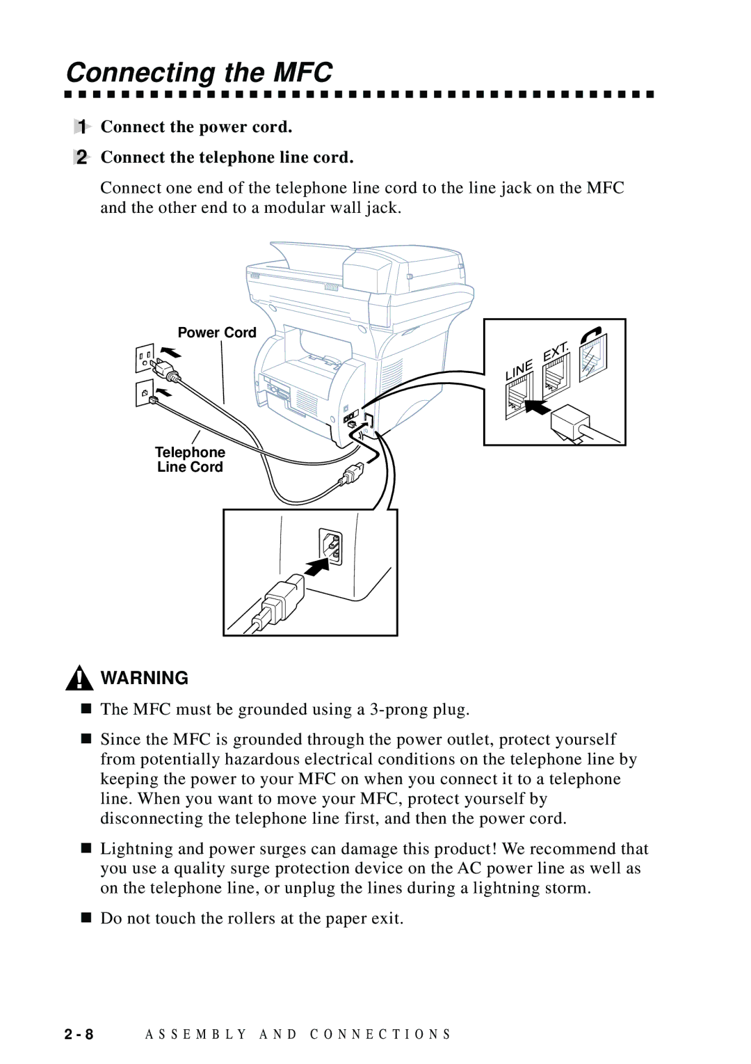 Brother MFC 9600 owner manual Connecting the MFC, Connect the power cord Connect the telephone line cord 