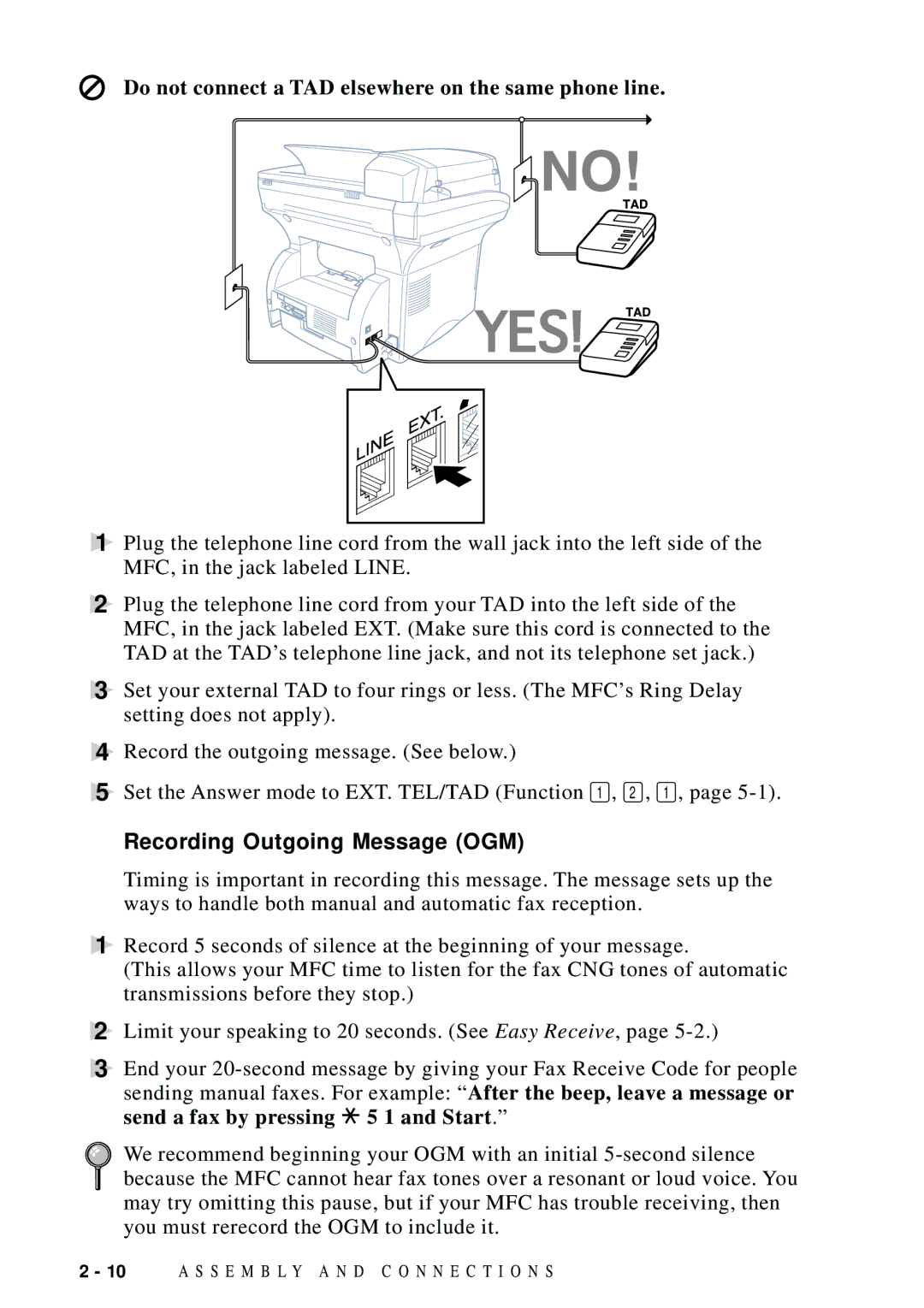 Brother MFC 9600 owner manual Do not connect a TAD elsewhere on the same phone line, Recording Outgoing Message OGM 