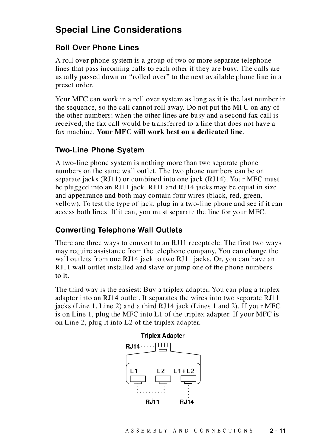 Brother MFC 9600 owner manual Special Line Considerations, Roll Over Phone Lines, Two-Line Phone System 