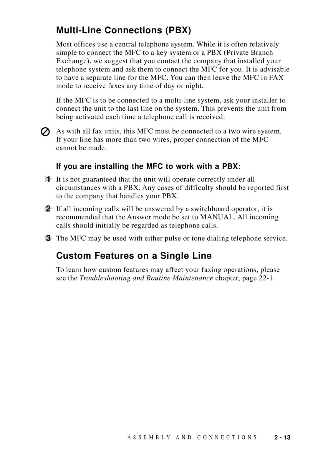 Brother MFC 9600 owner manual Multi-Line Connections PBX, Custom Features on a Single Line 