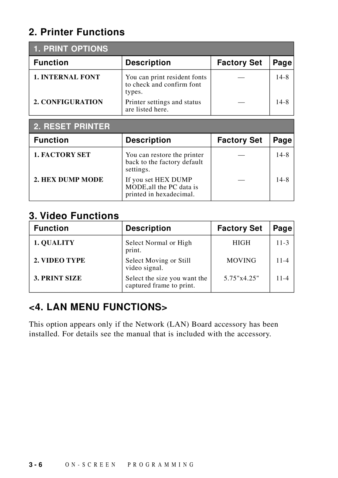 Brother MFC 9600 owner manual Printer Functions, Video Functions 