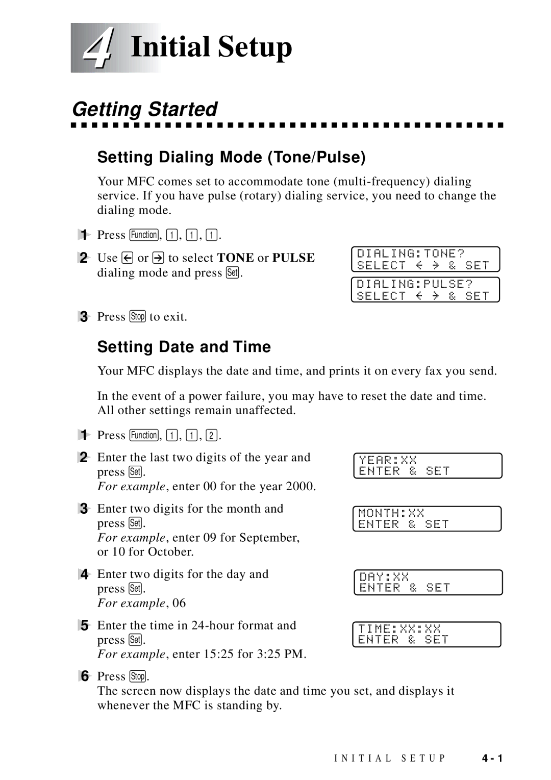 Brother MFC 9600 owner manual Initial Setup, Getting Started, Setting Dialing Mode Tone/Pulse, Setting Date and Time 