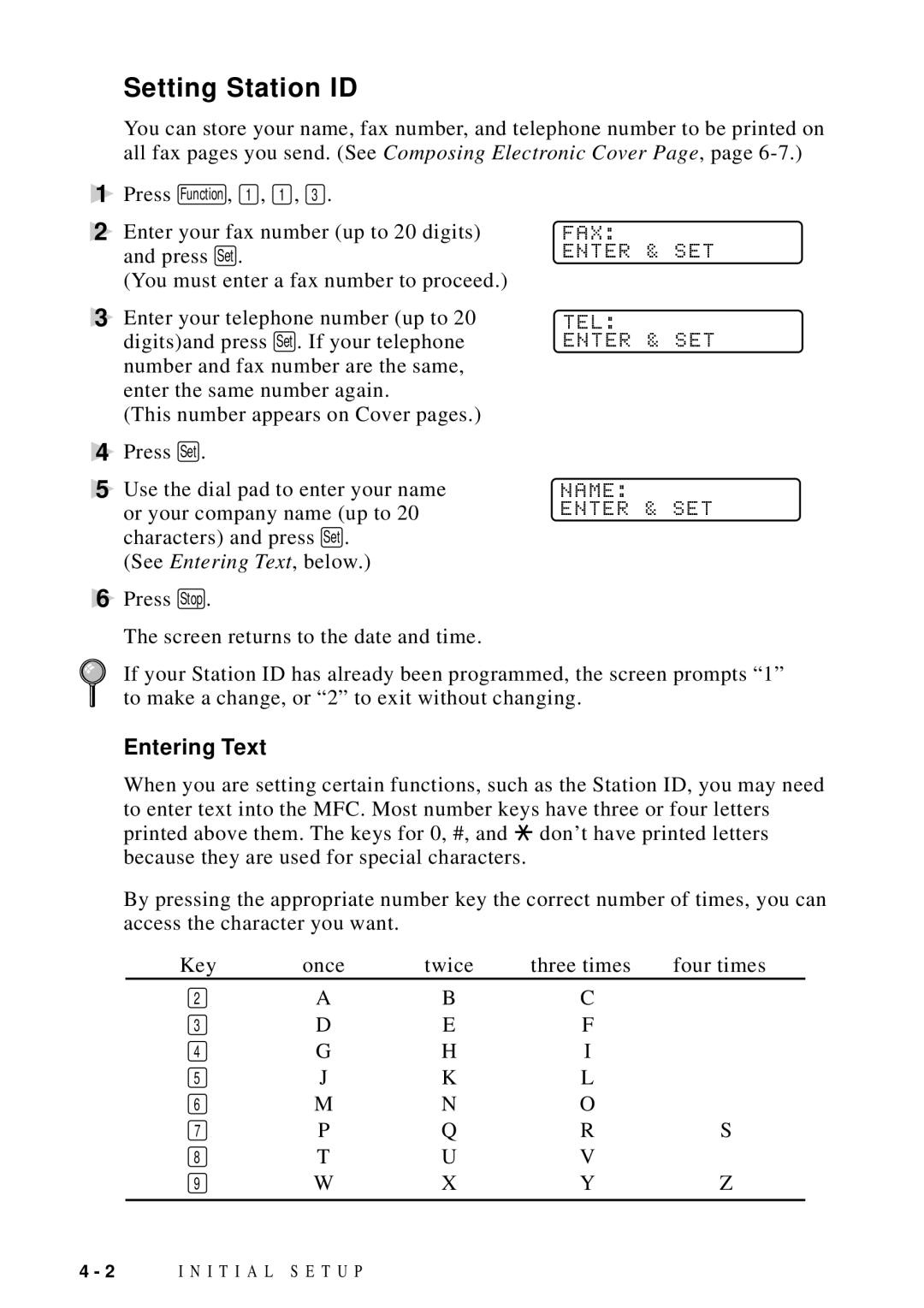 Brother MFC 9600 owner manual Setting Station ID, FAX Enter & SET, Tel, Entering Text 