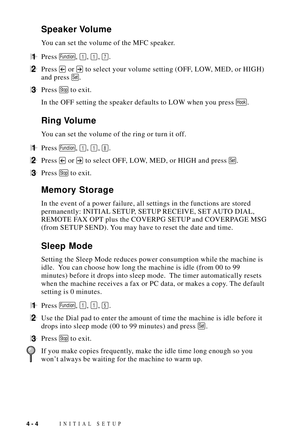 Brother MFC 9600 owner manual Speaker Volume, Ring Volume, Memory Storage, Sleep Mode 