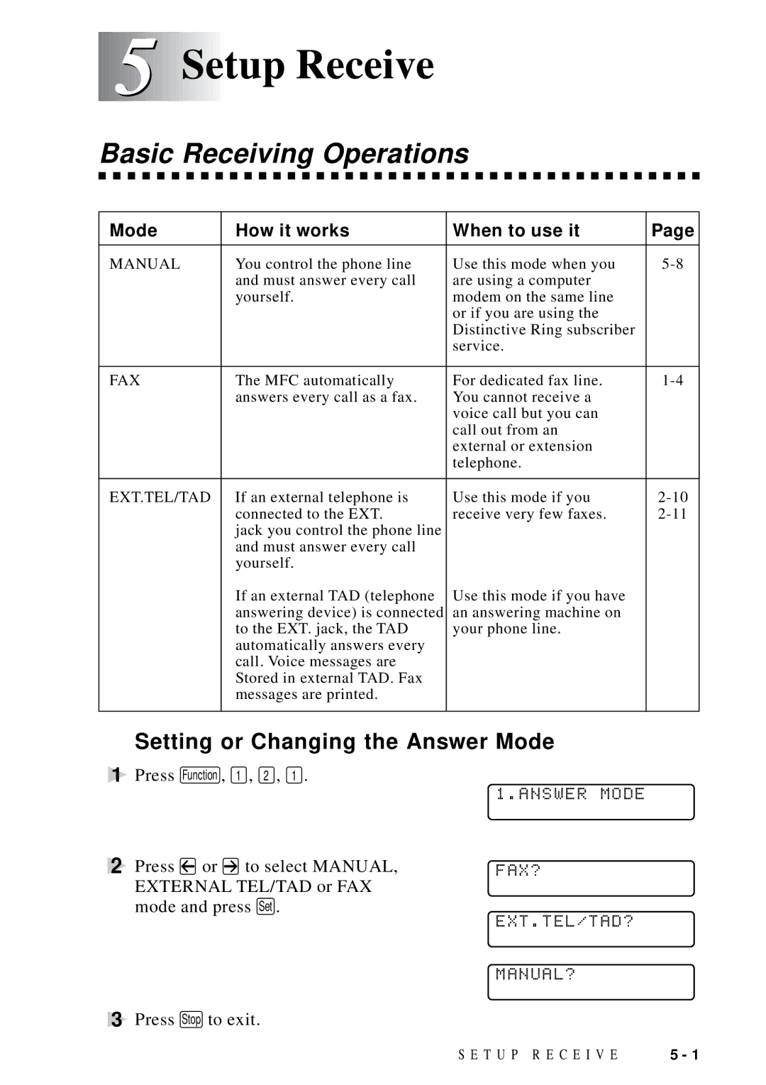 Brother MFC 9600 owner manual Setup Receive, Basic Receiving Operations, Setting or Changing the Answer Mode 