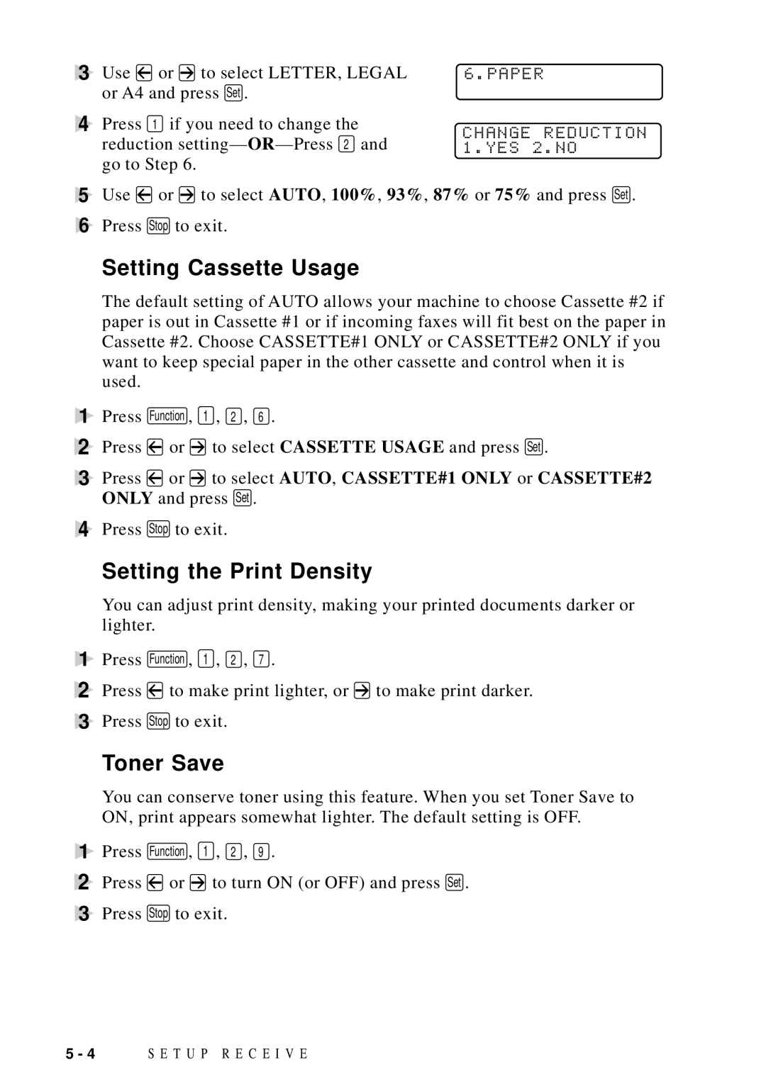 Brother MFC 9600 owner manual Setting Cassette Usage, Setting the Print Density, Toner Save 