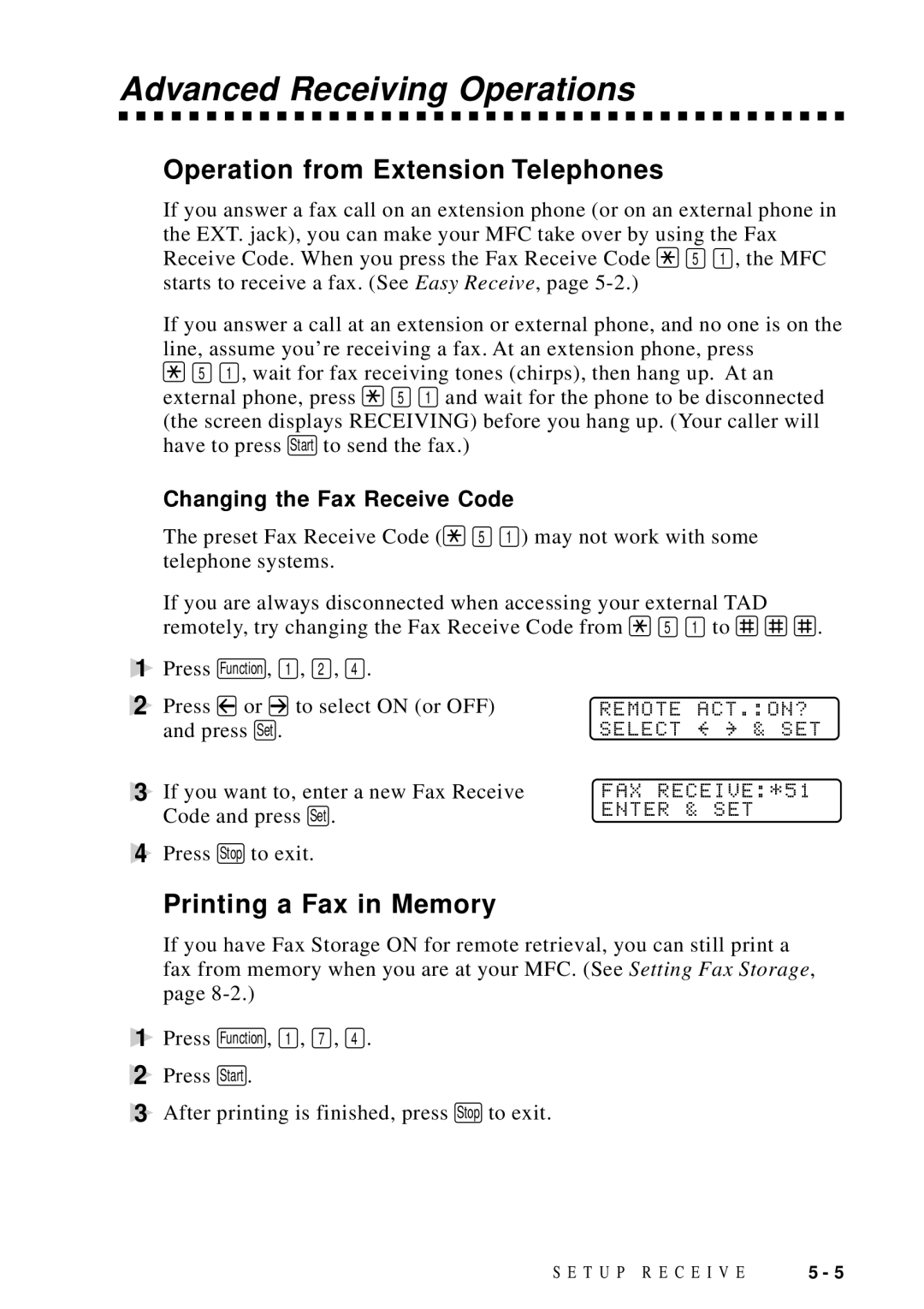 Brother MFC 9600 owner manual Advanced Receiving Operations, Operation from Extension Telephones, Printing a Fax in Memory 