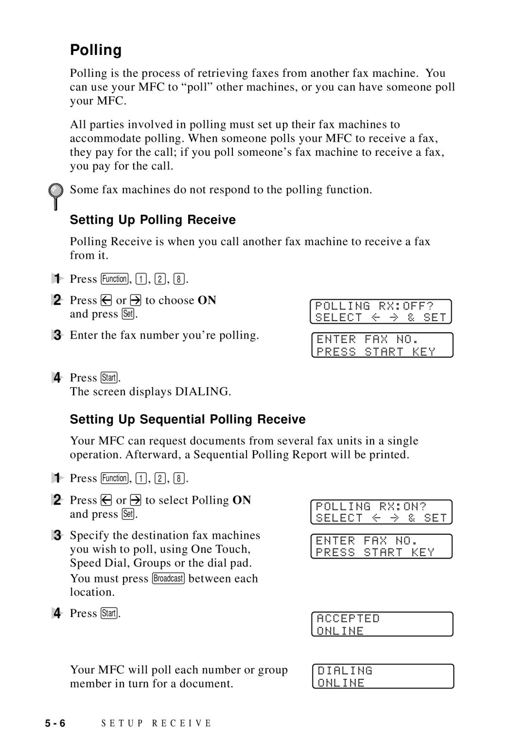 Brother MFC 9600 owner manual Setting Up Polling Receive, Setting Up Sequential Polling Receive 