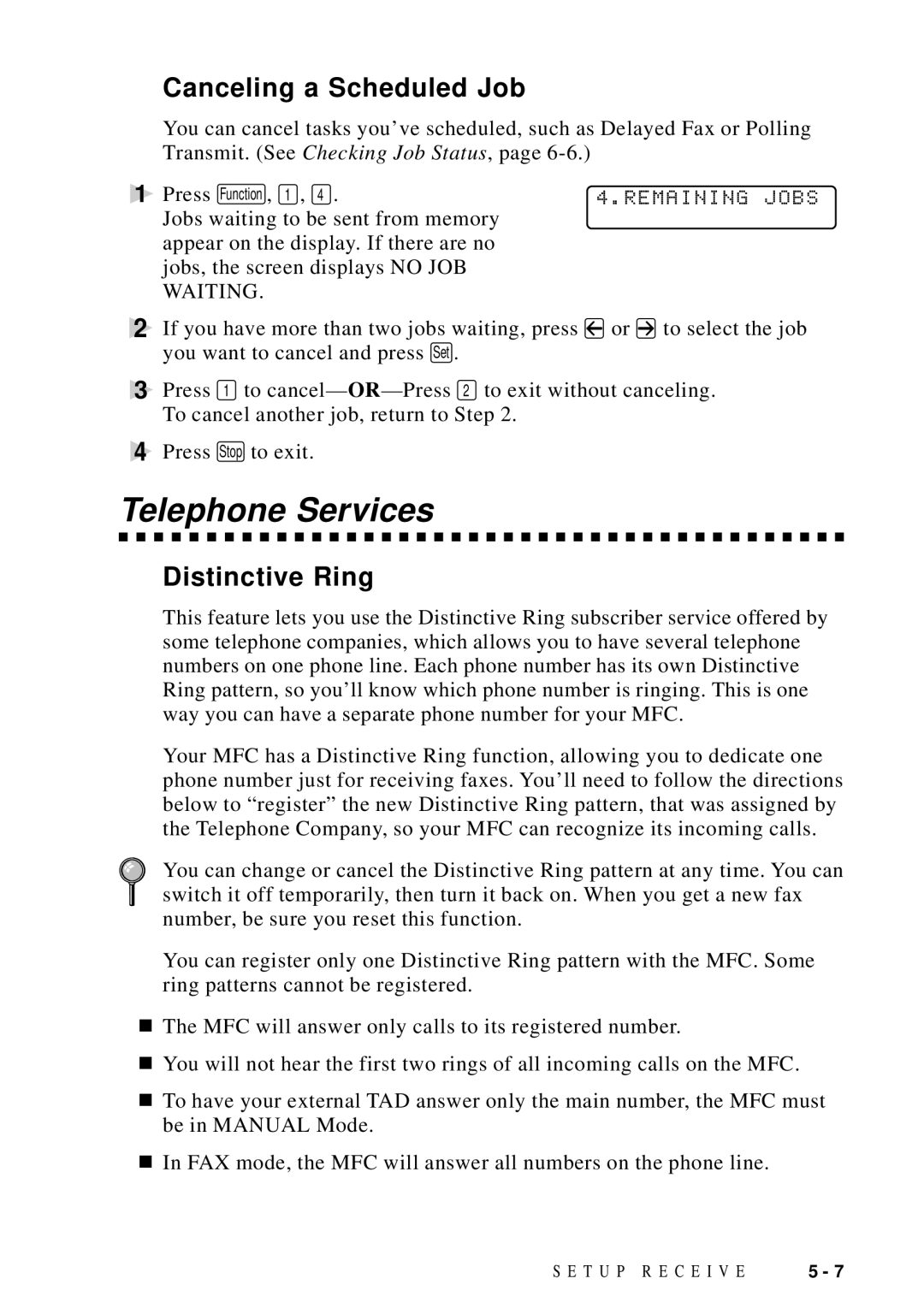 Brother MFC 9600 owner manual Canceling a Scheduled Job, Remaining Jobs 