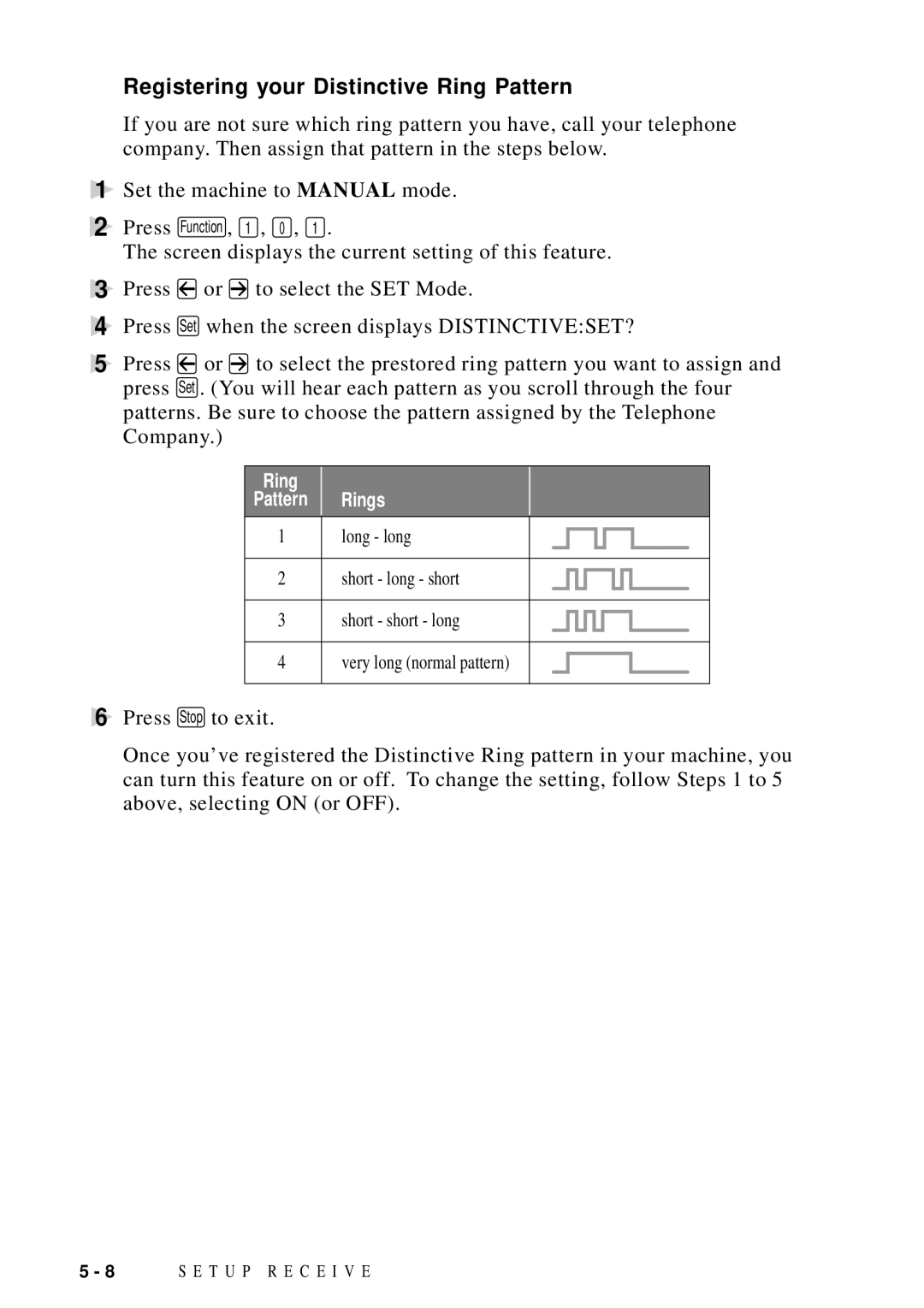 Brother MFC 9600 owner manual Registering your Distinctive Ring Pattern 