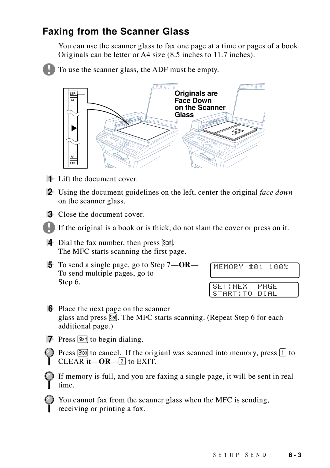 Brother MFC 9600 owner manual Faxing from the Scanner Glass, Setnext page Startto Dial 